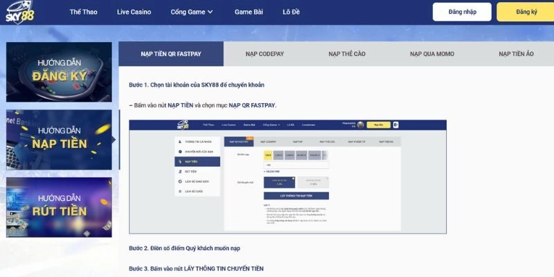 Sky88 – Top 1 Địa Chỉ Nhà Cái Cá Cược Uy Tín Nhất Hiện Nay 4 Nạp/rút tiền Sky88 an toàn với nhiều phương thức linh hoạt